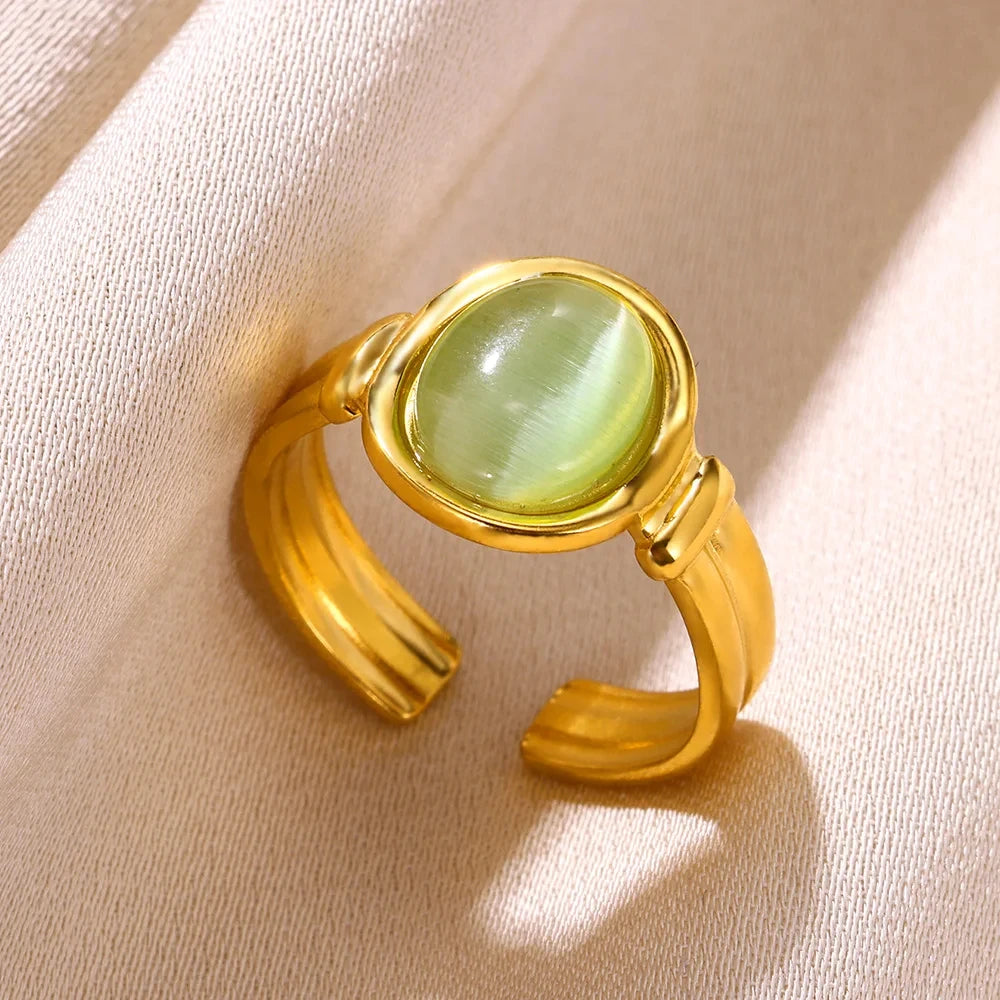 Vintage Ovale Opalringe für Damen Goldfarben Edelstahl Verstellbar Naturstein Verstellbarer Ring Ästhetischer Hochzeitsschmuck
