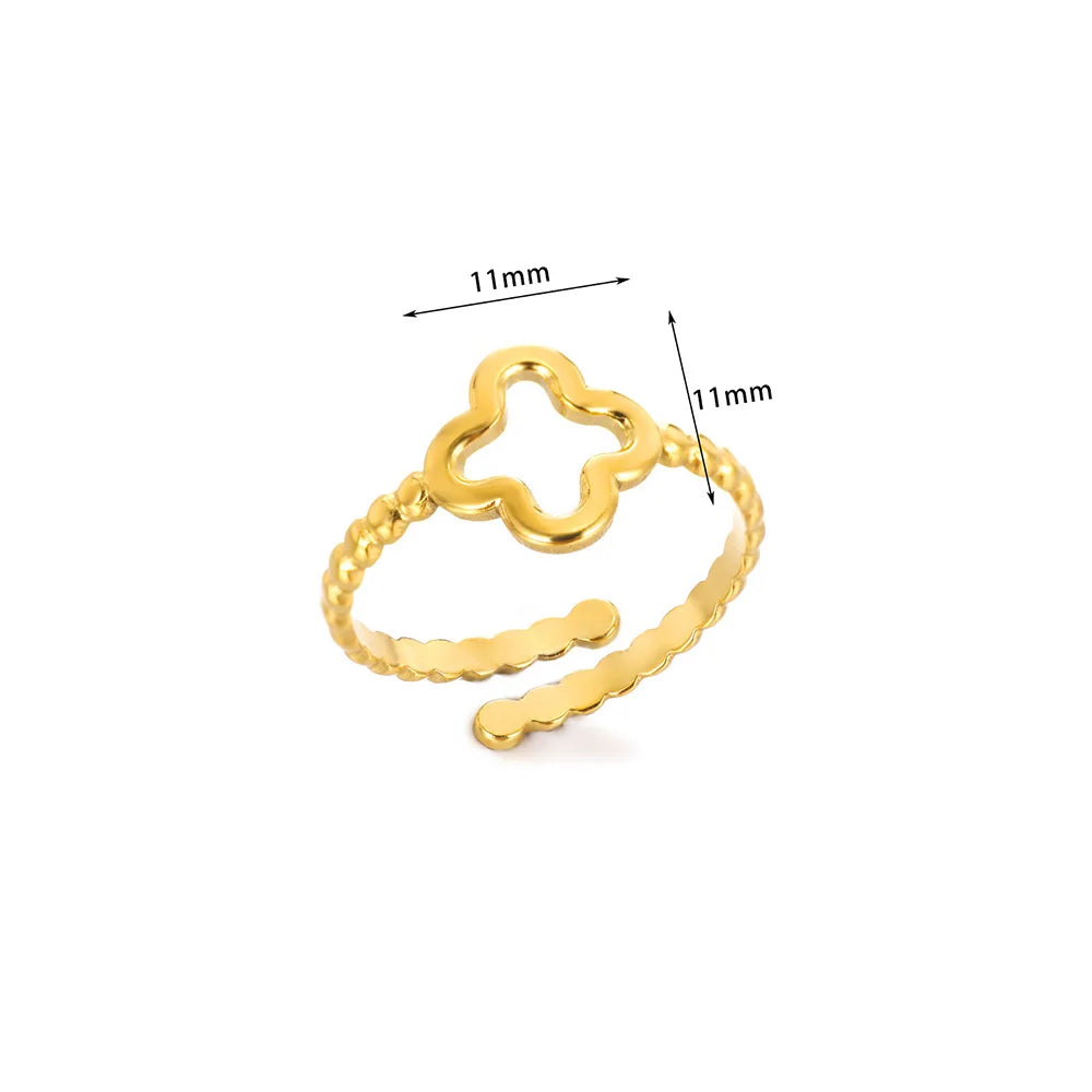 Minimalistische vierblättrige Kleeblatt-Edelstahl-Offene Ringe für Frauen Goldfarbene ästhetische Hochzeit Paar Ring Schmuck Accessoires