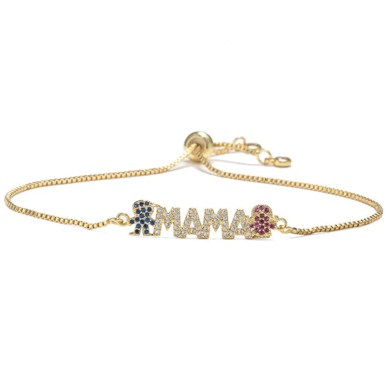 Modische goldfarbene „Mama“-Charm-Armbänder für Damen, Mädchen, verstellbare Kettenlänge, luxuriöser CZ-Schmuck als Geschenk für Mama