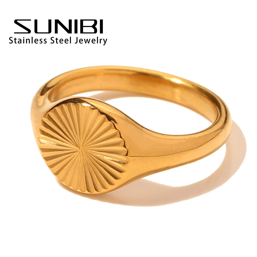 Anillos de acero inoxidable SUNIBI para mujer, color dorado, no se desvanecen, textura de ondas, anillo de sello delicado para mujer, joyería al por mayor