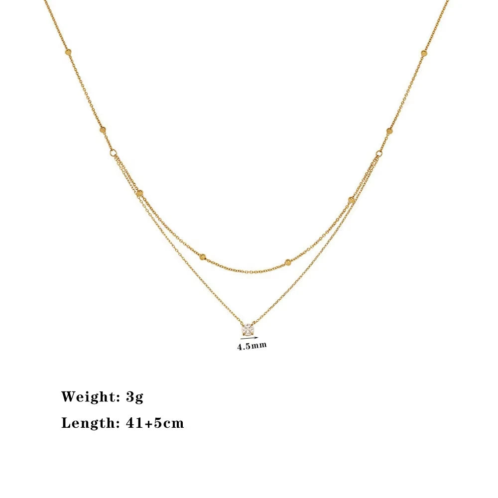 Stainless Steel Light Luxury Charm White Round Zircon Pendant Double layer Necklace Lady Classic Neck Chain Jewelry