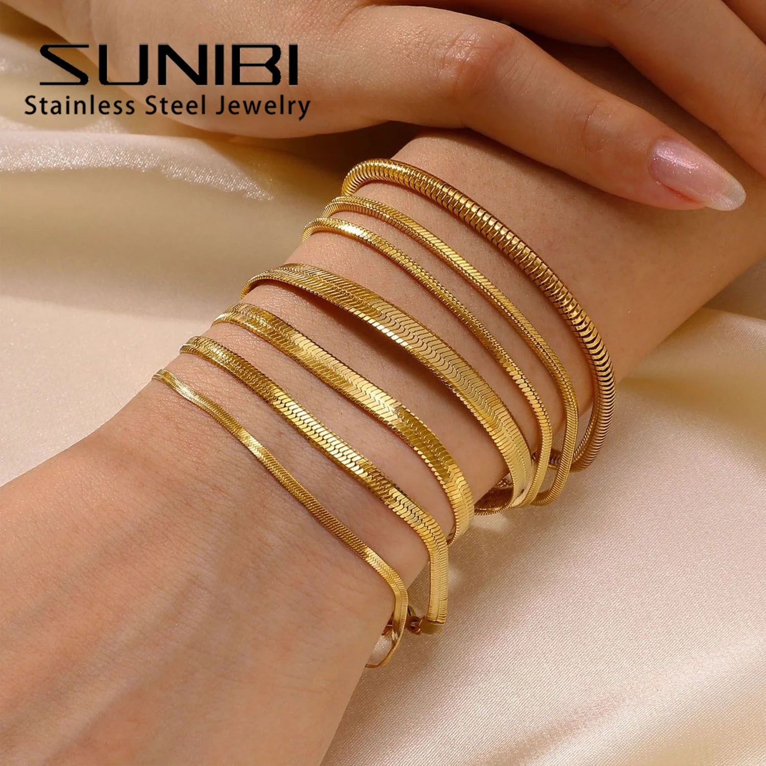 SUNIBI Damen Trend Klassisches Schlangenkette Armband Goldfarbe Breite 2/3/4/5MM Edelstahl Armband Für Frauen Schmuck Geschenk