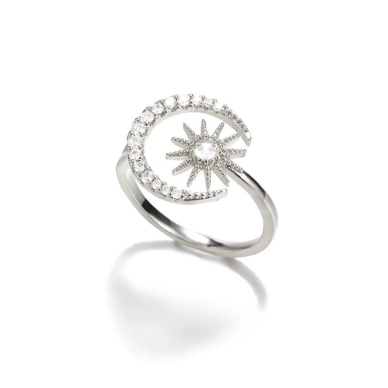 Zirkon Stern Mond Ringe für Frauen Goldfarben Edelstahl Geometrischer Stern Mond Ring Verlobung Hochzeit Weihnachtsgeschenk Schmuck