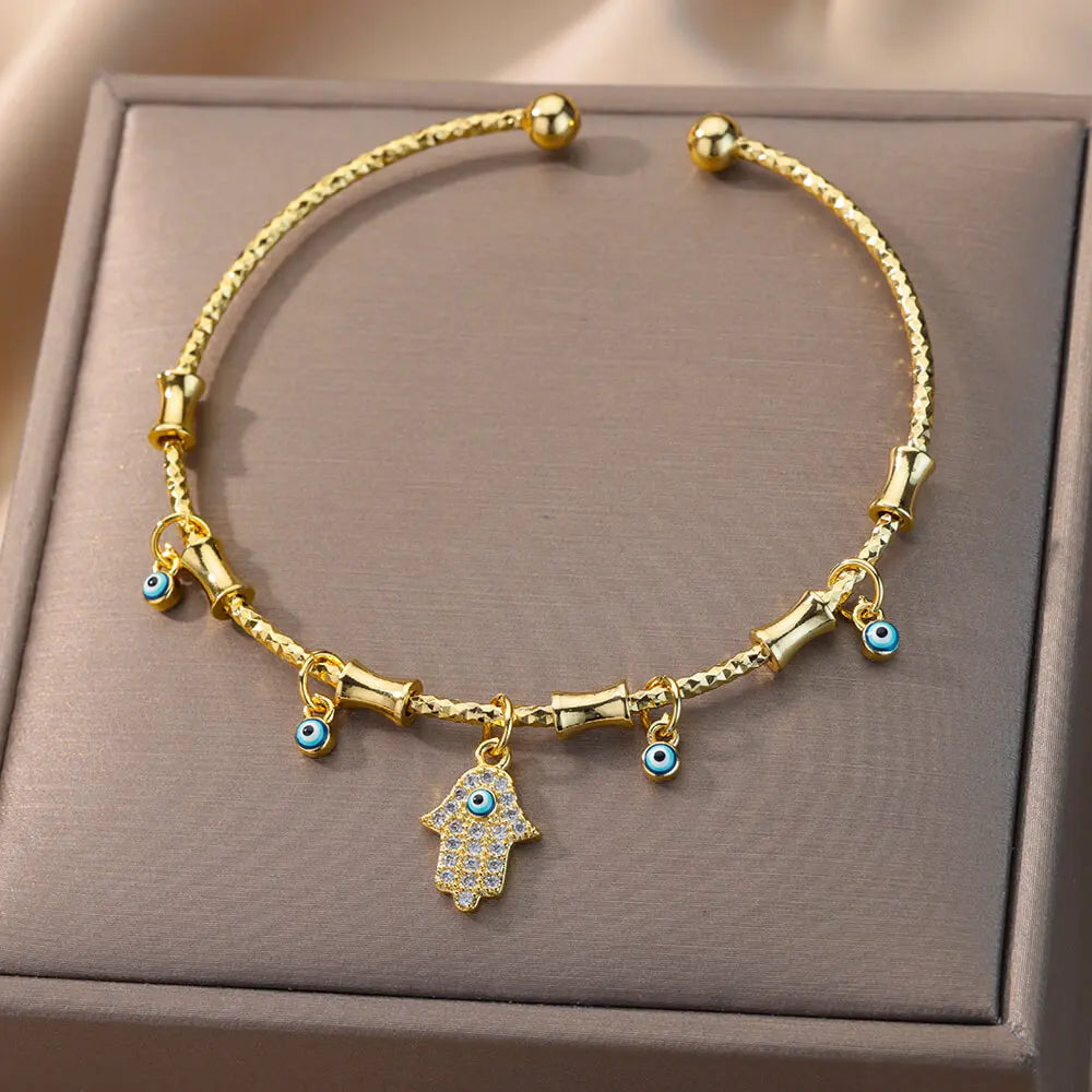 Hand Evil Eye Armband für Damen Edelstahl Zirkon Armreif Sets Türkischer Luxus Party Schmuck pulseras bijoux femme