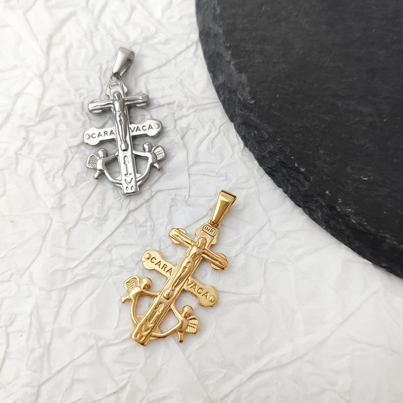 Colgante Cruz de Caravaca con Cristo y Ángeles en Relieve de Acero Inoxidable Abalorios Cruz de Caravaca Accesorios DIY