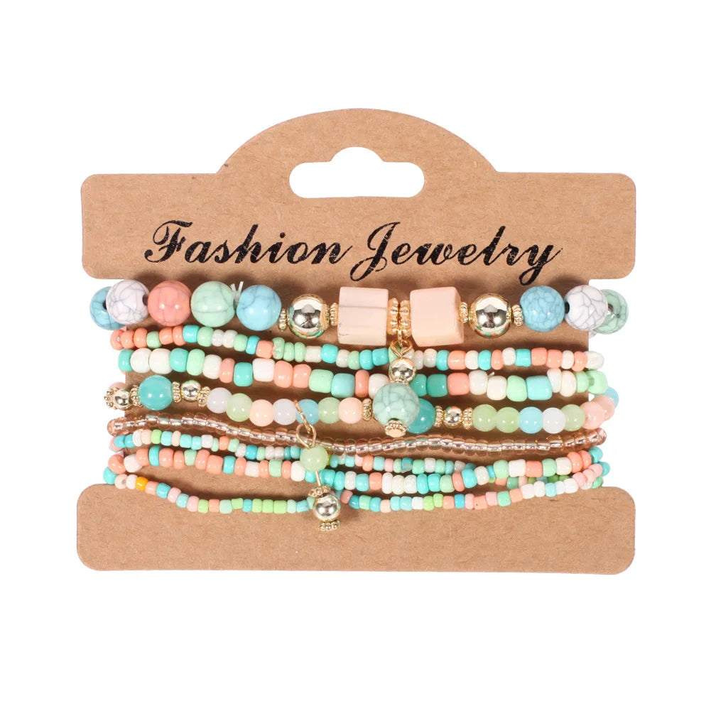 Böhmisches handgefertigtes Perlenarmband-Set für Damen Sommer Bunte Perlenketten-Armreif Mädchen Boho Schmuckzubehör