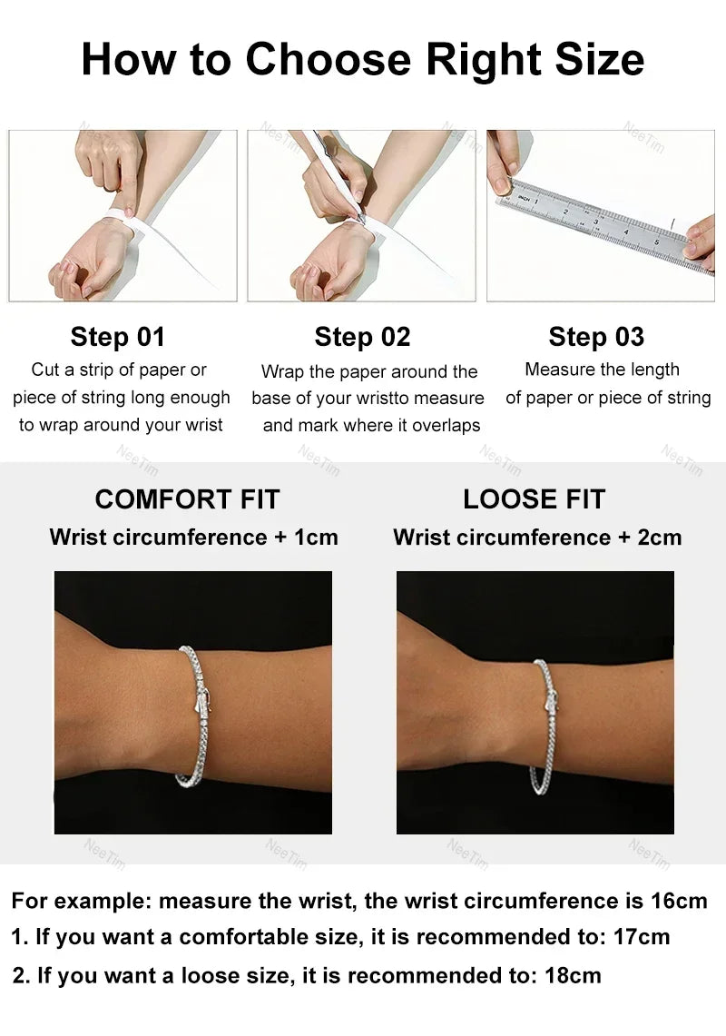 NeeTim 2mm 2.5mm 3mm 4mm Moissanit Tennisarmband 925 Sterling Silber mit Weißgold Plattiert Armbänder für Damen Herren Großhandel