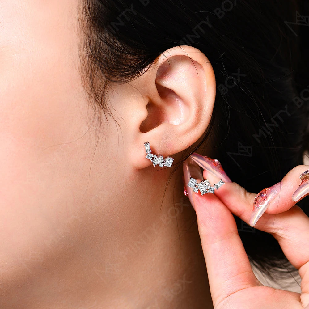 MINTYBOX Moissanit-Ohrstecker für Damen, S925 Sterlingsilber, Labordiamant, Baguette-Form, unregelmäßige Ohrringe, Verlobungsschmuck