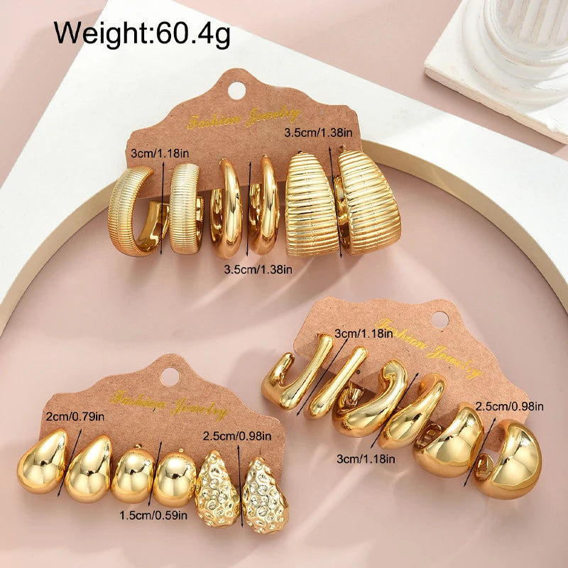 18tlg/Set Vintage Punk Wassertropfen Creolen für Damen Mode Gold Silber Farbe Überzogene CCB Ohrringe Täglicher Schmuck Neu