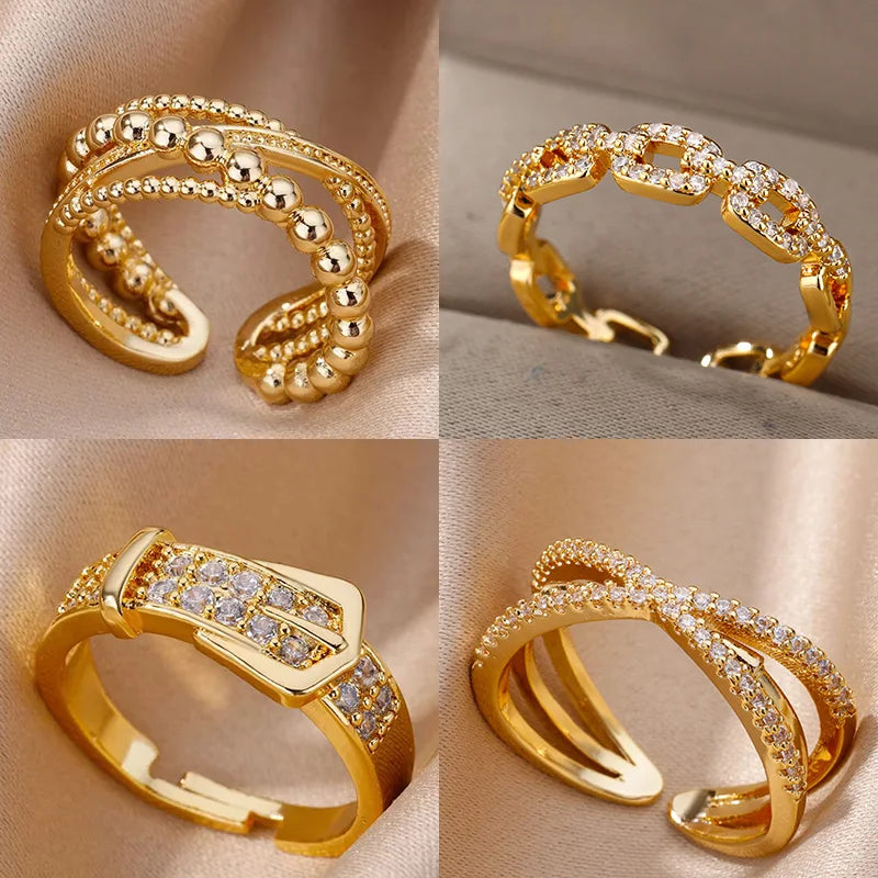 Edelstahl Gürtelringe für Damen Zirkon Verstellbarer Gürtel Fingerring Femme Geometrische Hochzeit Ästhetischer Schmuck Geschenk anillos