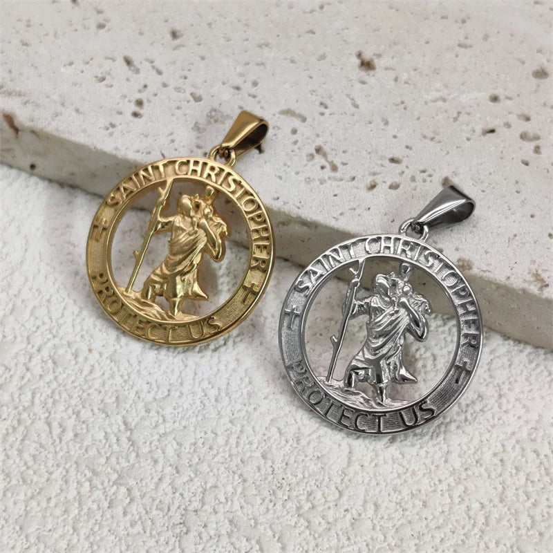 Venta caliente Religioso 18K chapado en oro San Cristóbal Collar de acero inoxidable con colgante para hombres mujeres regalo de joyería