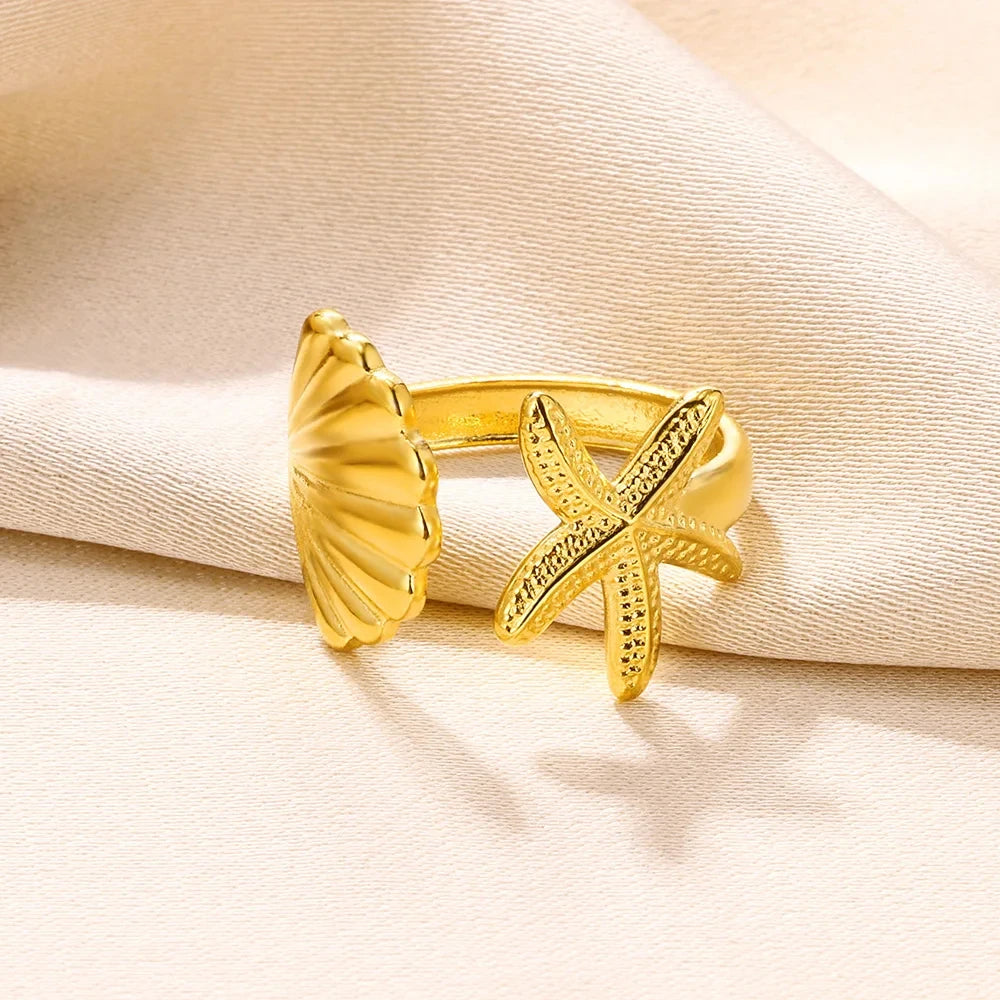 Vintage Muschel-Seestern-Ringe für Damen, goldfarben, Edelstahl, Muschel, Ozean, offener Ring, Hochzeit, Sommer-Schmuckgeschenk