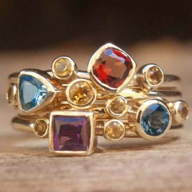 Geometrische Mode Gold Farbe Intarsien Bunte Zirkon Ringe für Frauen Party Accessoires Geschenke Kundenspezifischer Schmuck