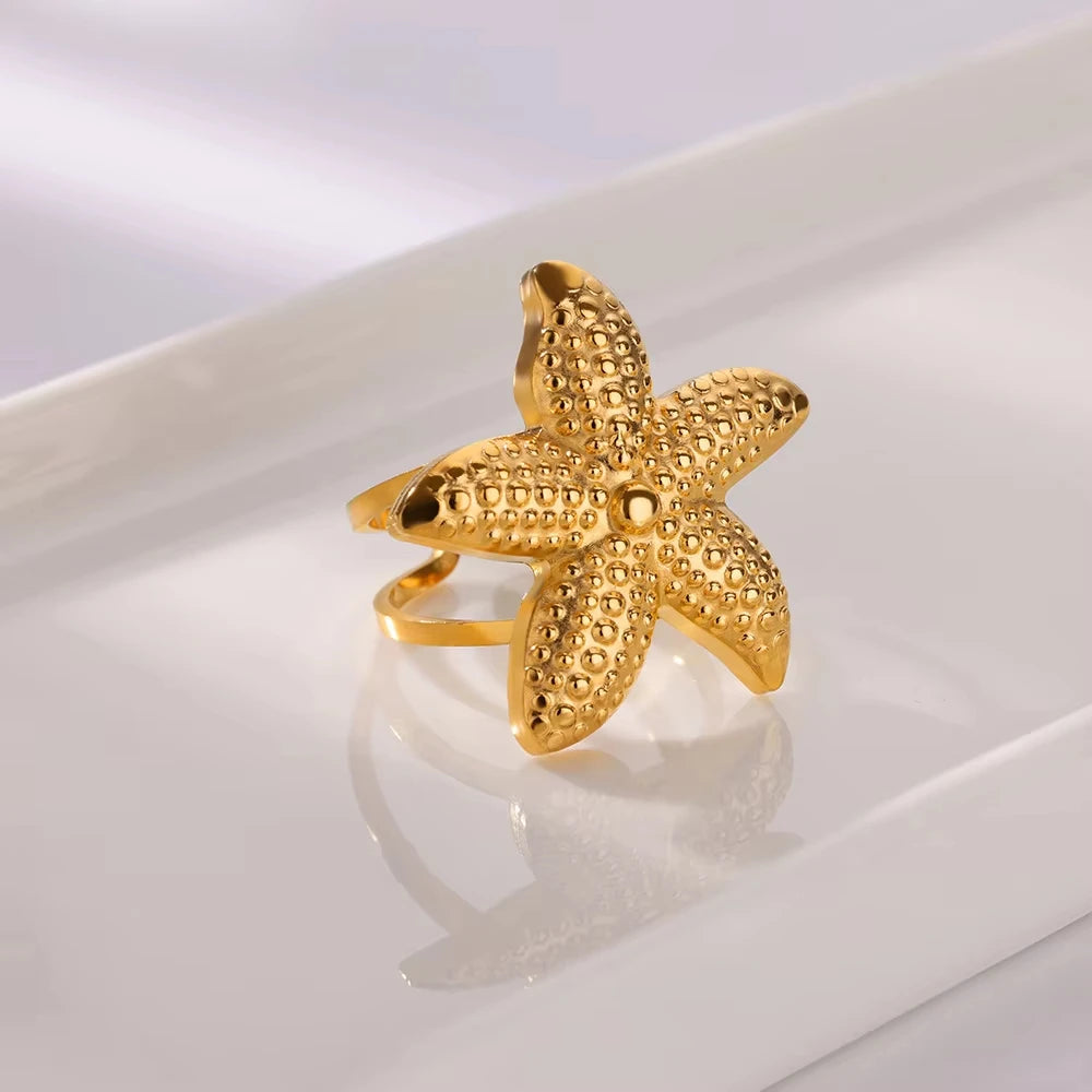 Ozean Seestern Muschel Offene Ringe Für Frauen Goldfarben Edelstahlring Sommer Strand Ästhetik Wasserdichter Schmuck Geschenk