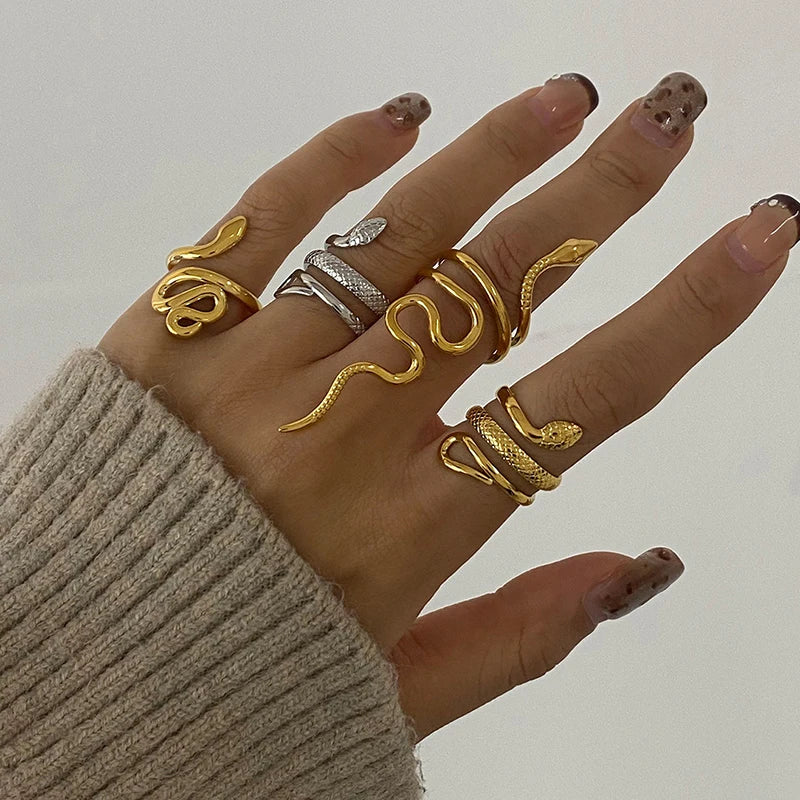 Stainless Steel Snake Rings for Women Men Gold Color Open Adjustable Finger Ring Vintage Gothic Aesthetic Jewelry Anillos Mujer