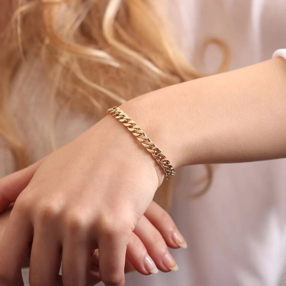 Edelstahl-Kettenarmband für Damen, 3 mm bis 9 mm, Curb Cuban Chain Armreif, Goldfarben, Unisex, stapelbarer Schmuck