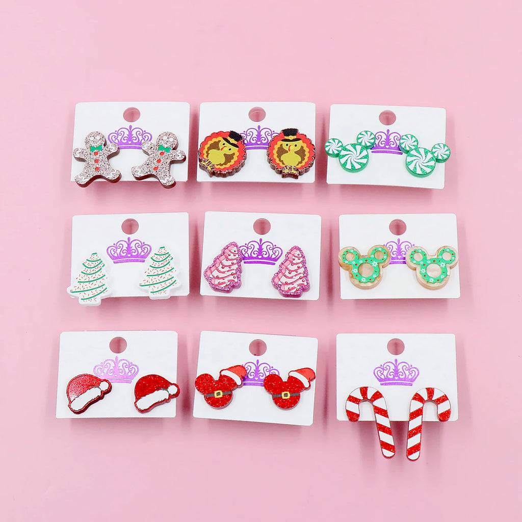 Custom Santa Hats Tree Mouse Head Turkey Glitter Acrylic Christmas Stud Earrings Stainless Steel Jewelry Wholesale
