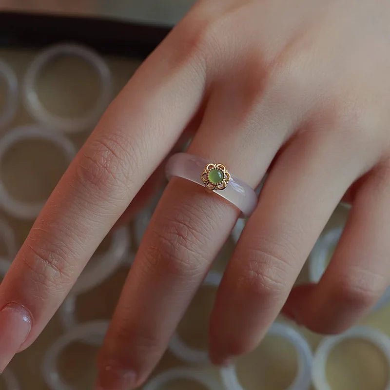 VENTFILLE Anillo de calcedonia y jade de Hotan de plata de ley S925 para mujer, accesorios de joyería vintage de turquesa para niñas, dropshipping