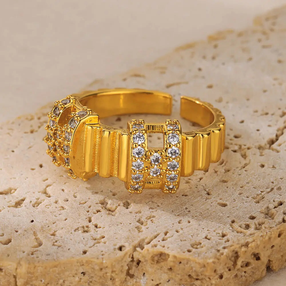 Goldfarbene Edelstahl Geometrische Ringe für Frauen Zirkon Herz Sonne Mond Offener Ring Mode Ästhetischer Schmuck Hochzeitsgeschenk