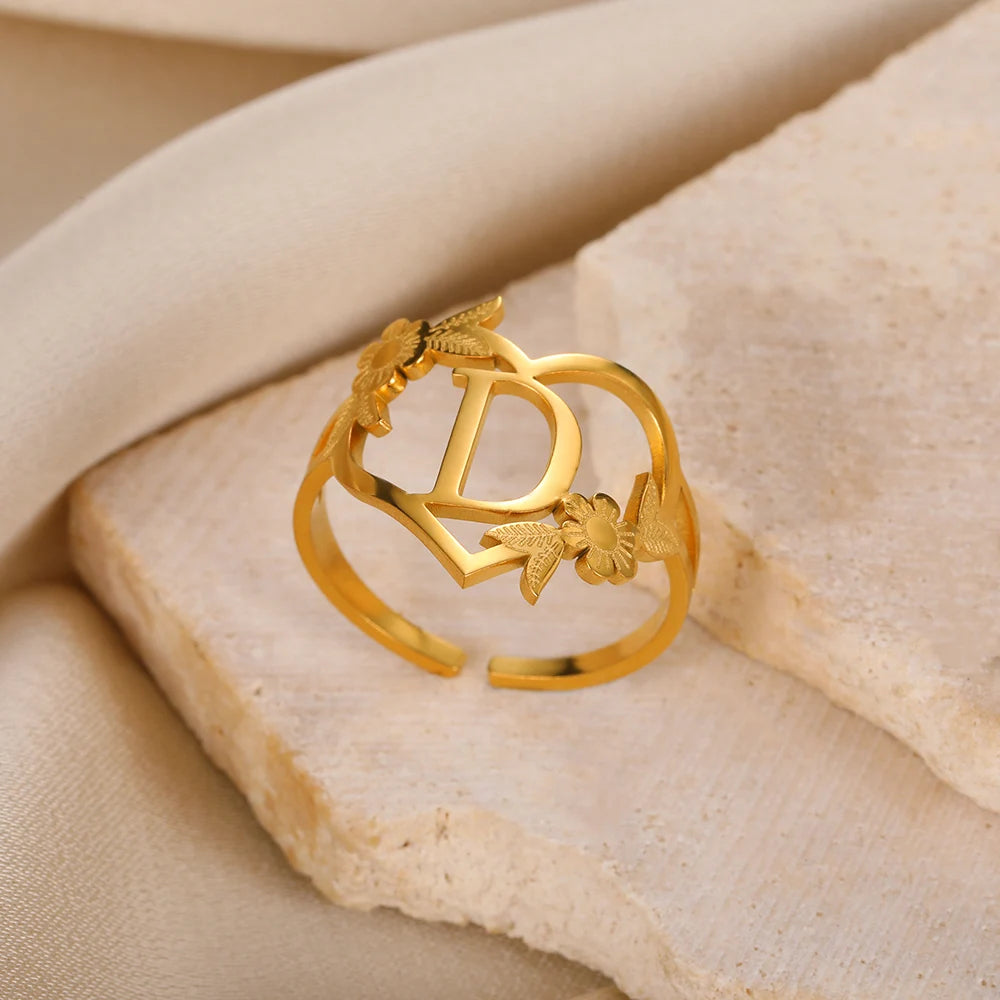 Edelstahl Initialen Buchstaben Herzringe für Frauen Mädchen Goldfarben Blumen Alphabet Ring Mode Valentinstags Schmuck Geschenk