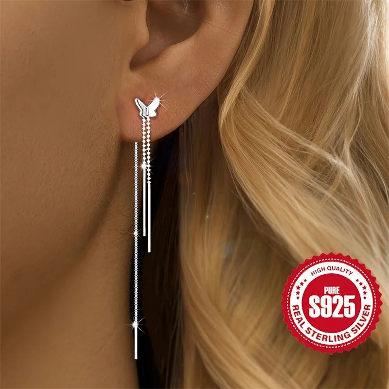 Paar S925 Silber Schmetterling Quasten Ohrringe für Damen, hypoallergen, süßes Mädchen, vielseitiges Alltags-Accessoire, perfektes Geschenk für Frauen