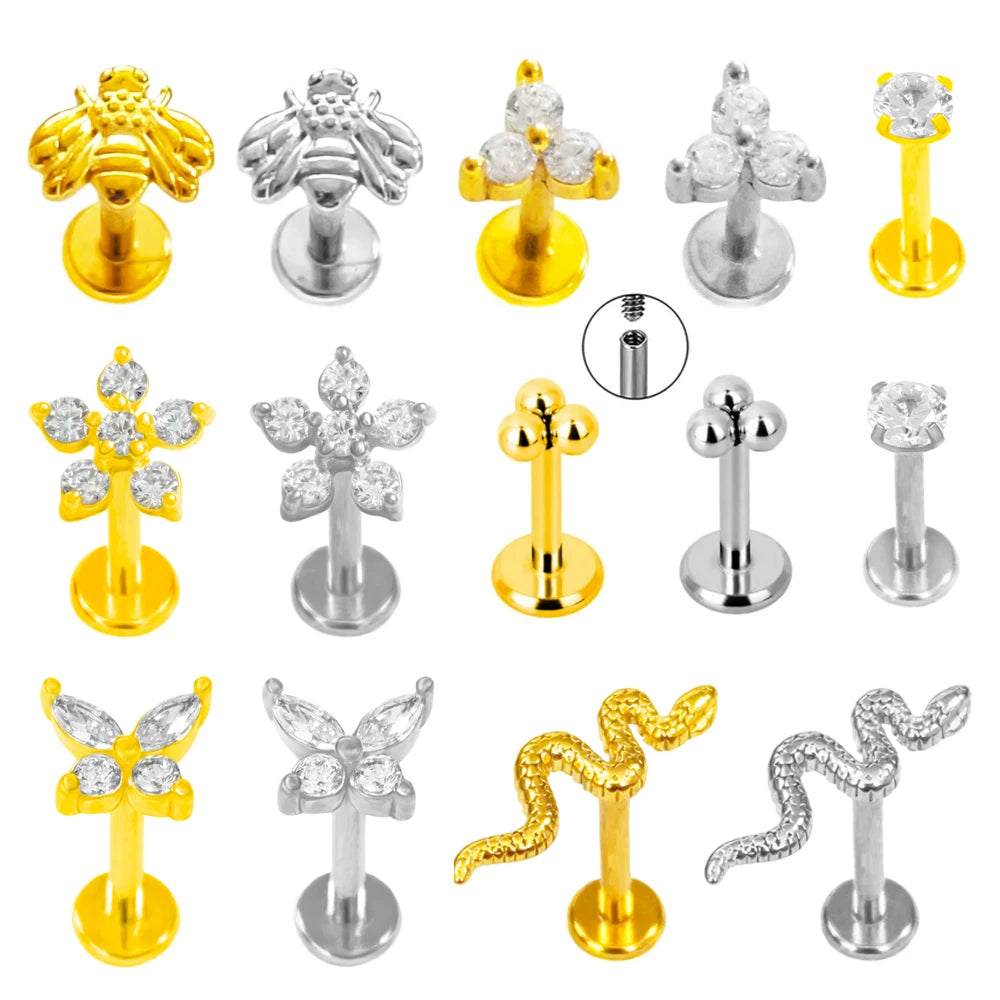 100 % 316L Chirurgischer Edelstahl Blumen Labret Piercing Schmetterling Biene Tragus Schlange Knorpel Helix Flat Back CZ Ohrringe Körperschmuck