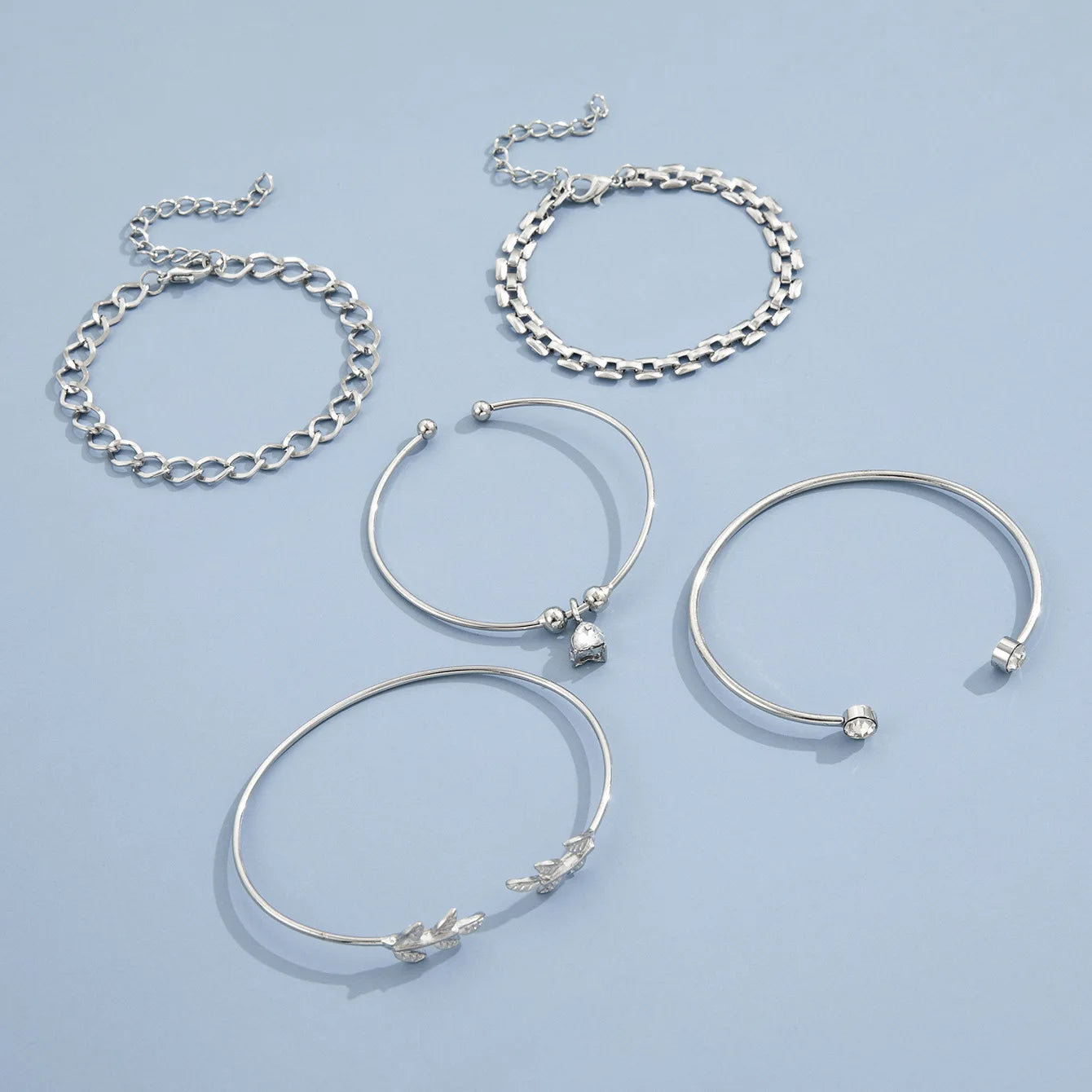 Böhmisches silberfarbenes geometrisches Gliederarmband-Set für Damen, Kristallblatt-offener Armreif, weiblicher Boho-Schmuck-Accessoire