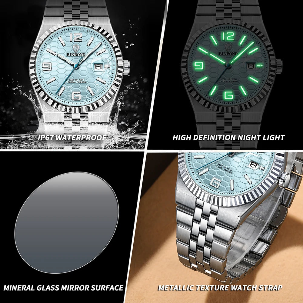BINBOND Reloj de Hombre Original de Alta Calidad Impermeable Luminoso Fecha Lujo Reloj de Hombre de Acero Inoxidable Relojes de Cuarzo para Hombre Masculino