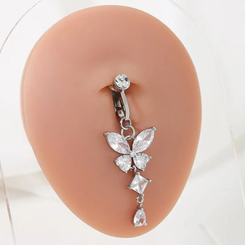 Anillo de ombligo de clip en forma de mariposa, de cobre con circonita, piercing falso para el ombligo, joyería corporal umbilical, estilo moderno y de moda