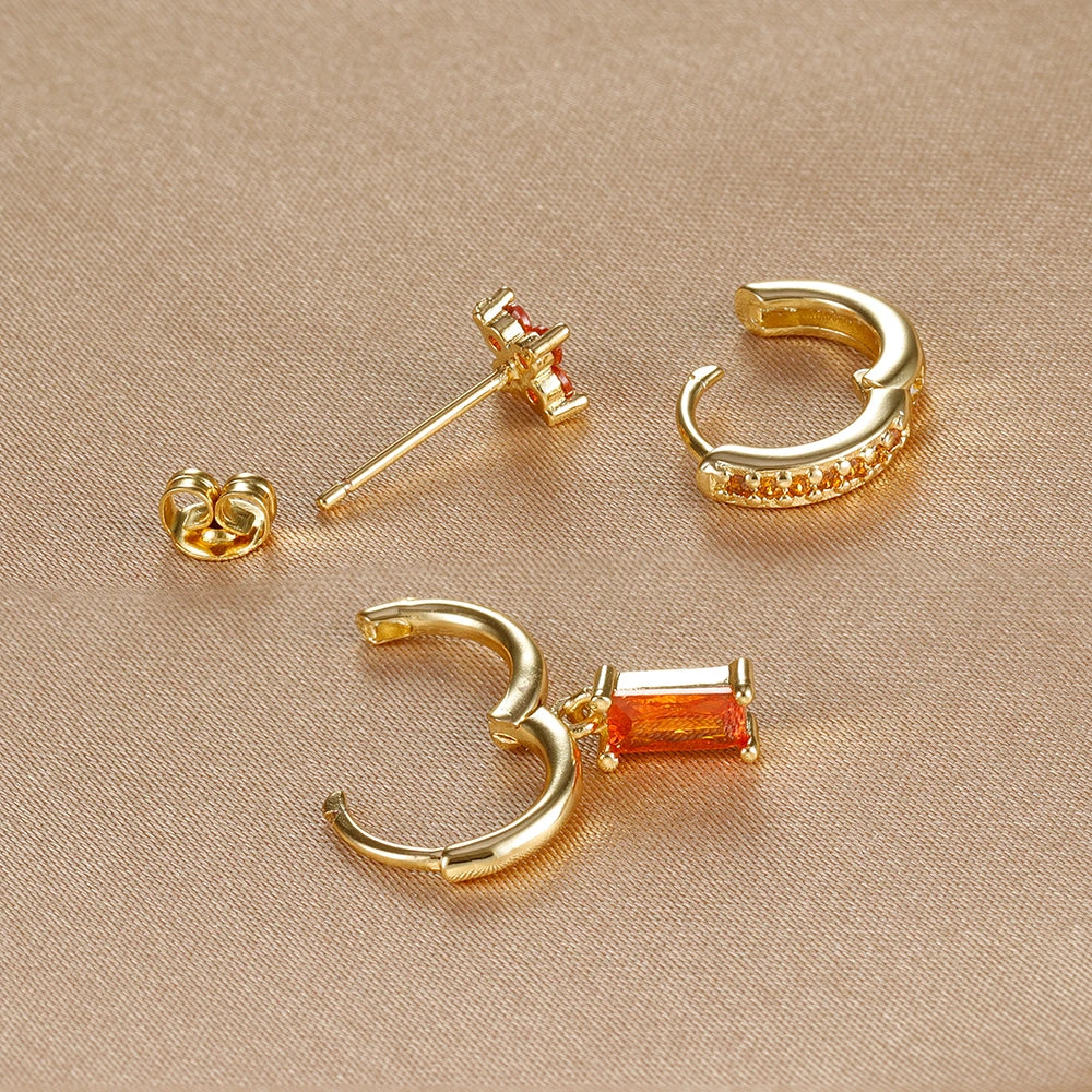 3PCS Fashion Orange Blue Zircon Hanging Earrings Set for Women Stainless Steel Flower Dangle Earring Piercing Jewelry