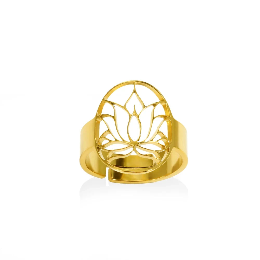 Edelstahl Lotusblumenring für Frauen, goldfarben, Vintage-Stein, Opal, ovaler Blumenring, modischer ästhetischer Schmuck, Geschenk