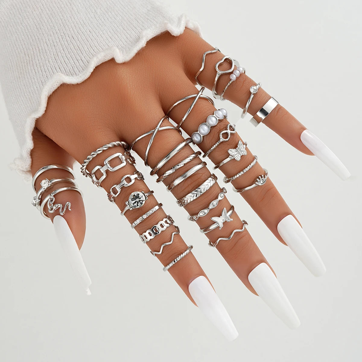 30 STÜCK Silberfarbenes Geometrisches Ring-Set für Damen Vintage Herz Auge Kreuz Sonne und Mond Blatt Anhänger Fingerring Weiblicher Boho Schmuck