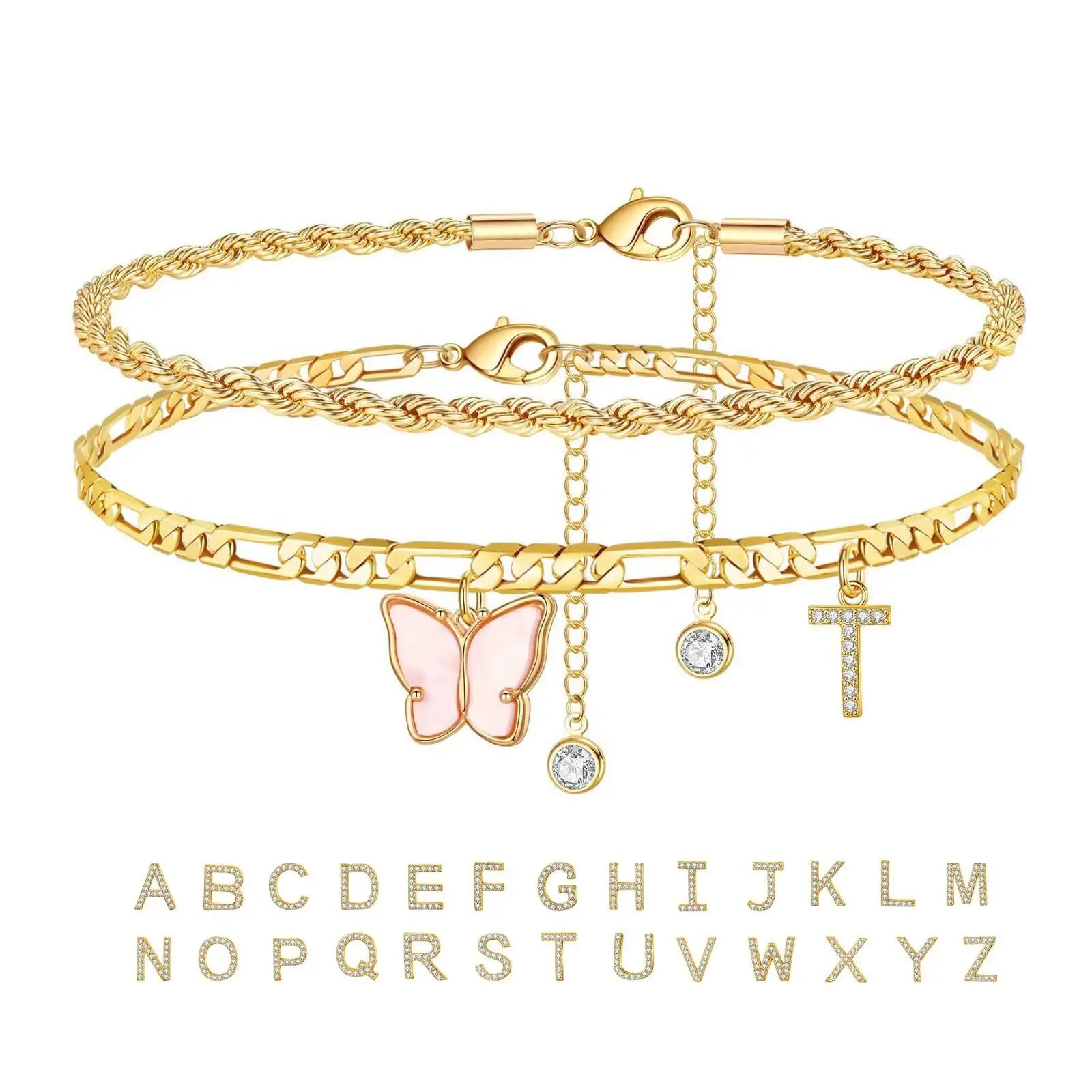 2 Stück Edelstahl Anfangs-Fußkettchen-Set für Frauen, 26 Buchstaben Acryl Schmetterling Charm Kette am Fuß Sommer Fußkettchen Schmuck