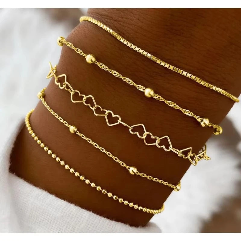 5-teiliges Set, silberfarbene Kettenperlenarmbänder für Damen, schlichter, eleganter Urlaub, Strandparty, Freizeit-Schmuck, vielseitig für den Alltag
