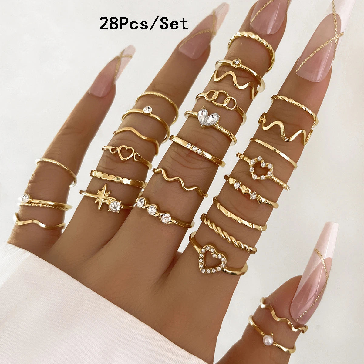 28tlg. Modisches geometrisches Knöchelringe-Set für Damen Kristall Herz Gold Silberfarbene Ringe Mädchen Party Schmuck Zubehör
