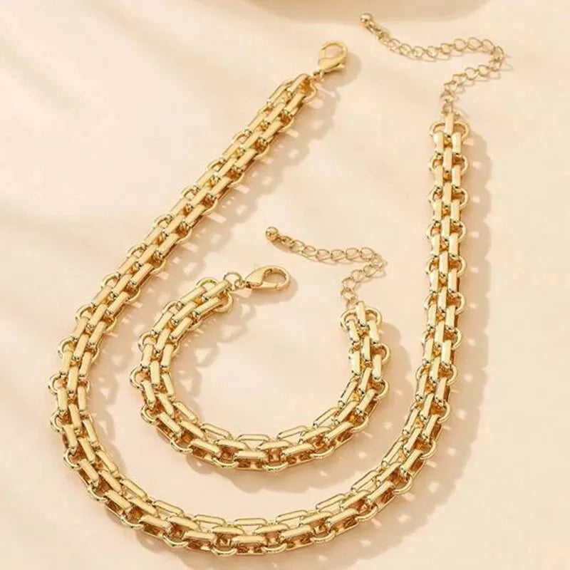 2-teiliges Set Goldfarbene Gliederkette Halskette Armband Set Punk Armband Große Gliederkette Dubai Afrika Party Schmuckset Geschenk für Frauen