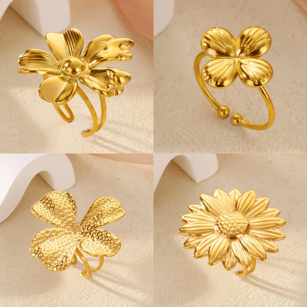 Edelstahl Gold Farbe Blumenringe für Frauen Mode Geometrischer Öffnungs-verstellbarer Fingerring Vintage Schmuck Geschenke