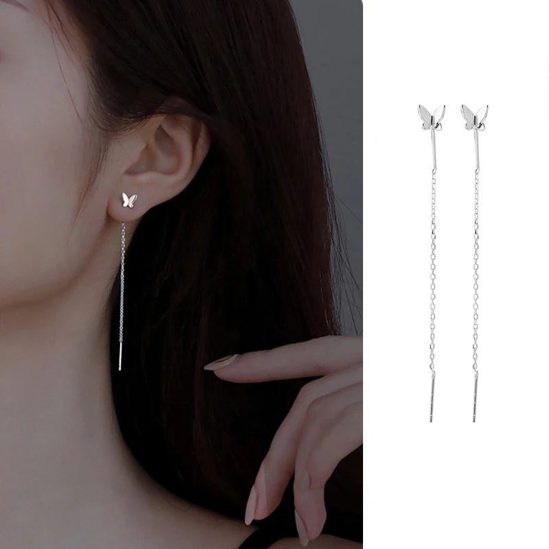 JWER S925 Silver Needle Star Line Earring for Women Tassel Drop Earring Long Chain Beads Piercing Earring Asymmetry Ear Jewelry
