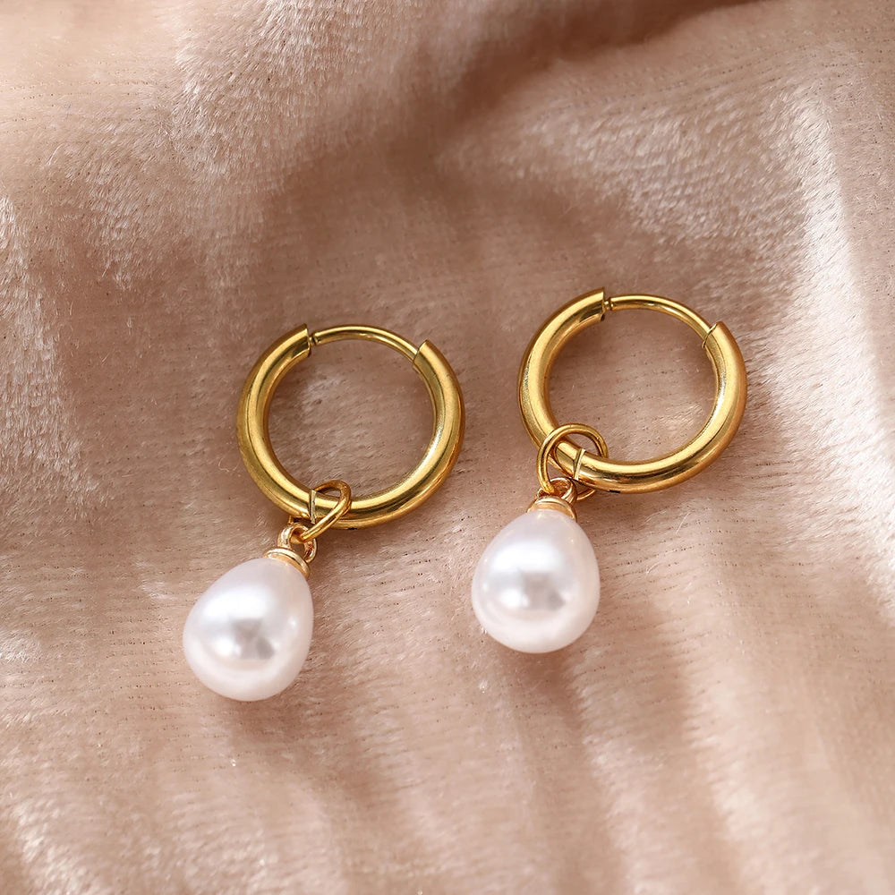 Edelstahl Tropfenförmige Imitationsperlen-Anhänger-Ohrringe Damen Alltag Pendler Eleganter Stil Ohrschmuck Accessoires