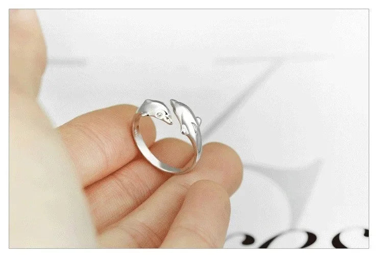 925 Sterling Silber Schmuck Offener Happy Doppel-Delfin-Liebesring für Frauen, Partygeschenk, Verstellbarer Ring, Anillos, Bague