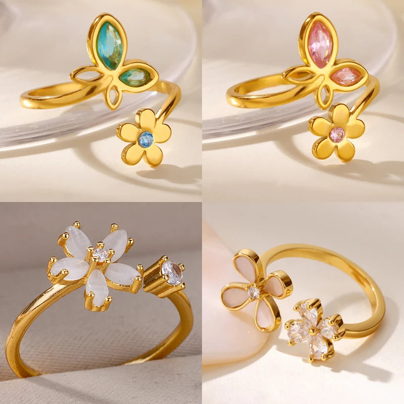 Luxury Zircon Butterfly Flower Rings for Women Stainless Steel Gold Color Cheap Ring Fashion Wedding Couple y2k Jewelry anillos