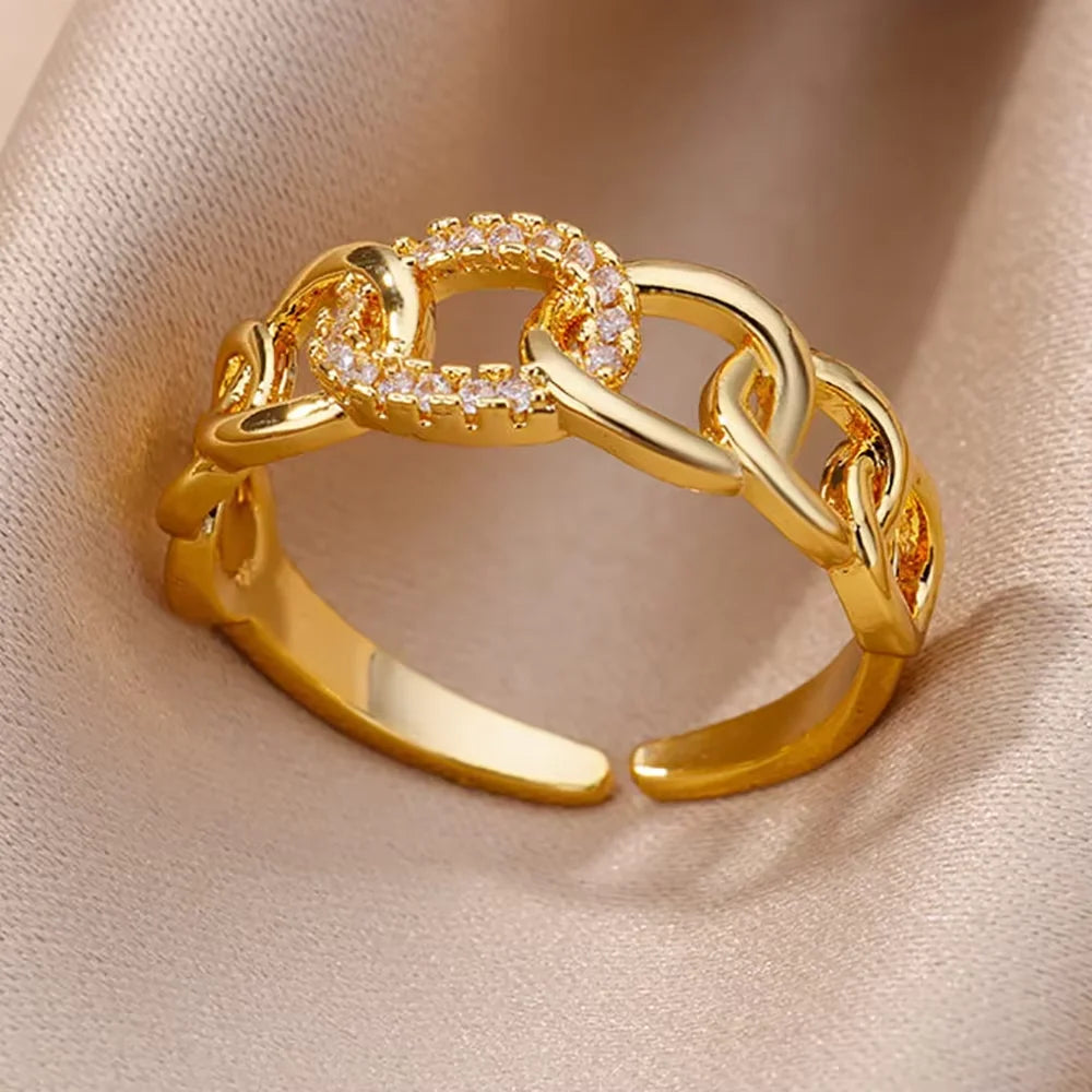 Ringe Goldfarbe Zirkonia Chic Ringe Für Frauen 2025 Punk Elegante Hochzeitsparty Ästhetischer Edelstahlring Schmuck