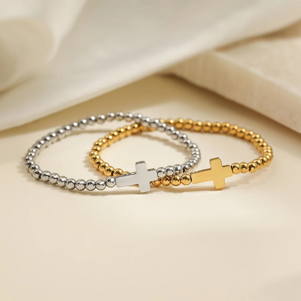 NEWBUY High Quality Non-Fading Stainless Steel Jewelry Silver/Gold Color Beads Cross Charm Bracelets For Women Men