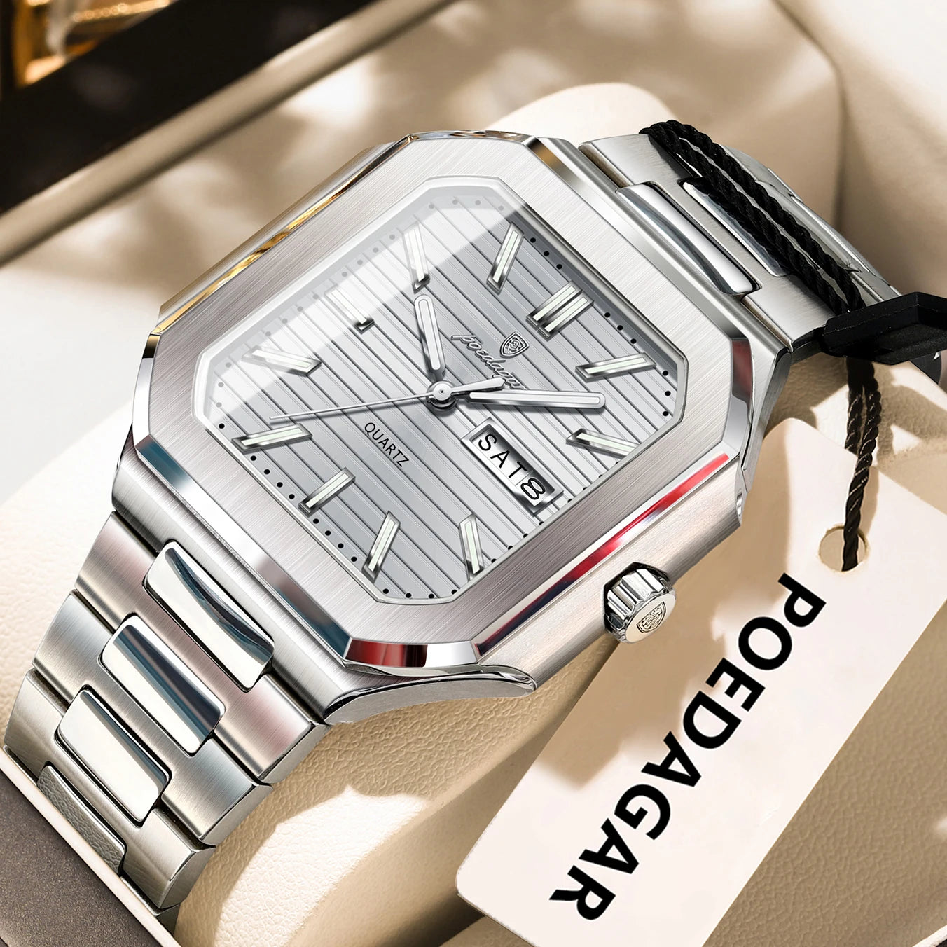 POEDAGAR Reloj de Pulsera Cuadrado de Moda para Hombre, Impermeable, Luminoso, Fecha, Semana, Cuarzo, para Hombre, Reloj de Lujo de Acero Inoxidable para Hombre, Reloj
