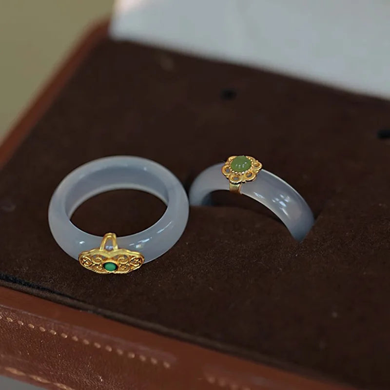 VENTFILLE Anillo de calcedonia y jade de Hotan de plata de ley S925 para mujer, accesorios de joyería vintage de turquesa para niñas, dropshipping