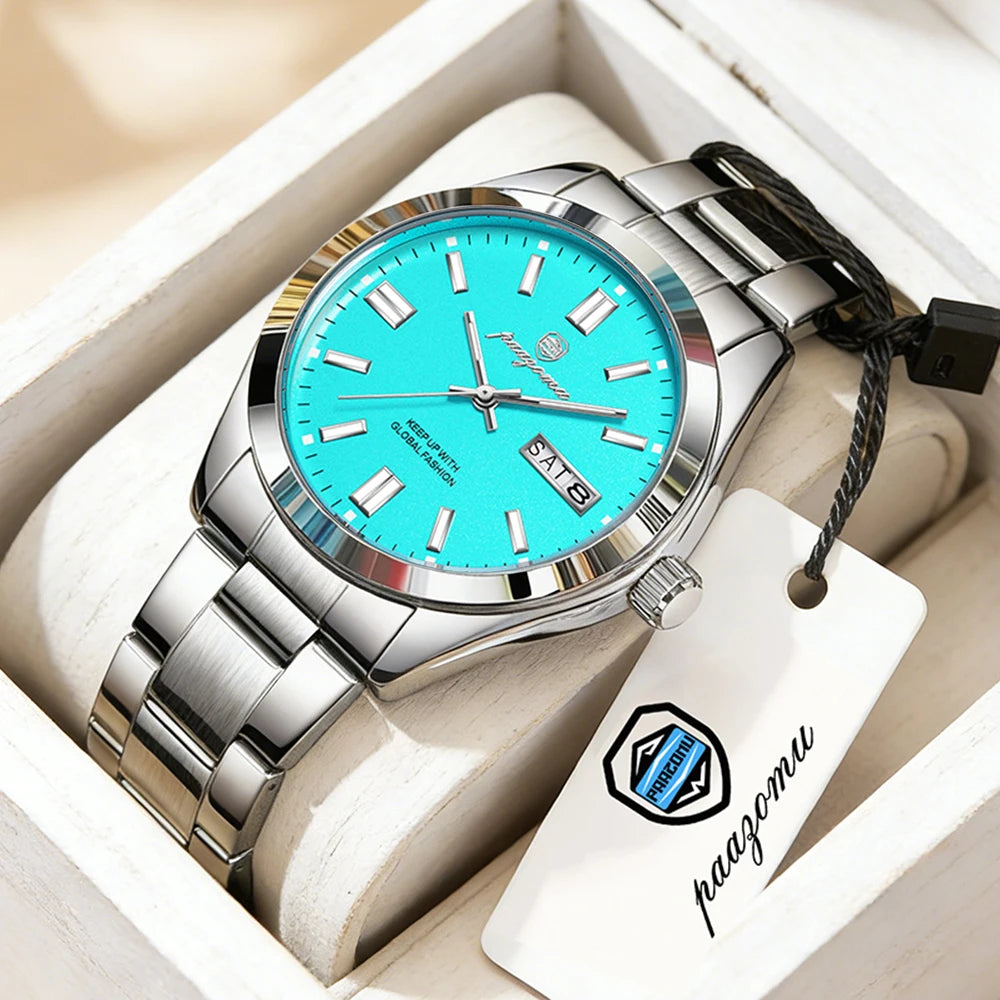 PAAZOMU Reloj de Pulsera para Hombre de Lujo, Resistente al Agua, de Acero Inoxidable, con Fecha Luminosa, Semana, Moda, Negocios, Cuarzo, Relojes de Hombre