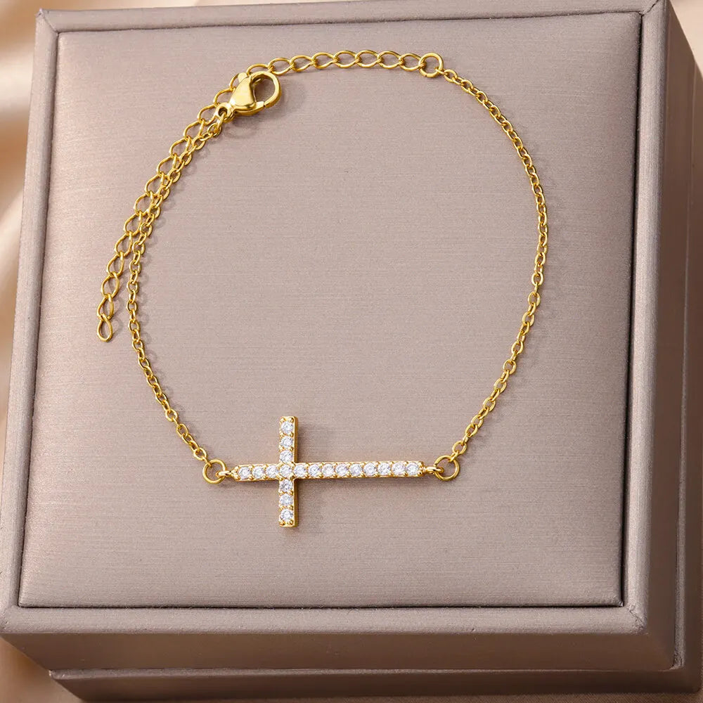 Kristall-Kreuzarmbänder für Frauen, modisch, vergoldet, Edelstahl-Kreuzarmband, Vintage, religiöser, ästhetischer Schmuck, Geschenk