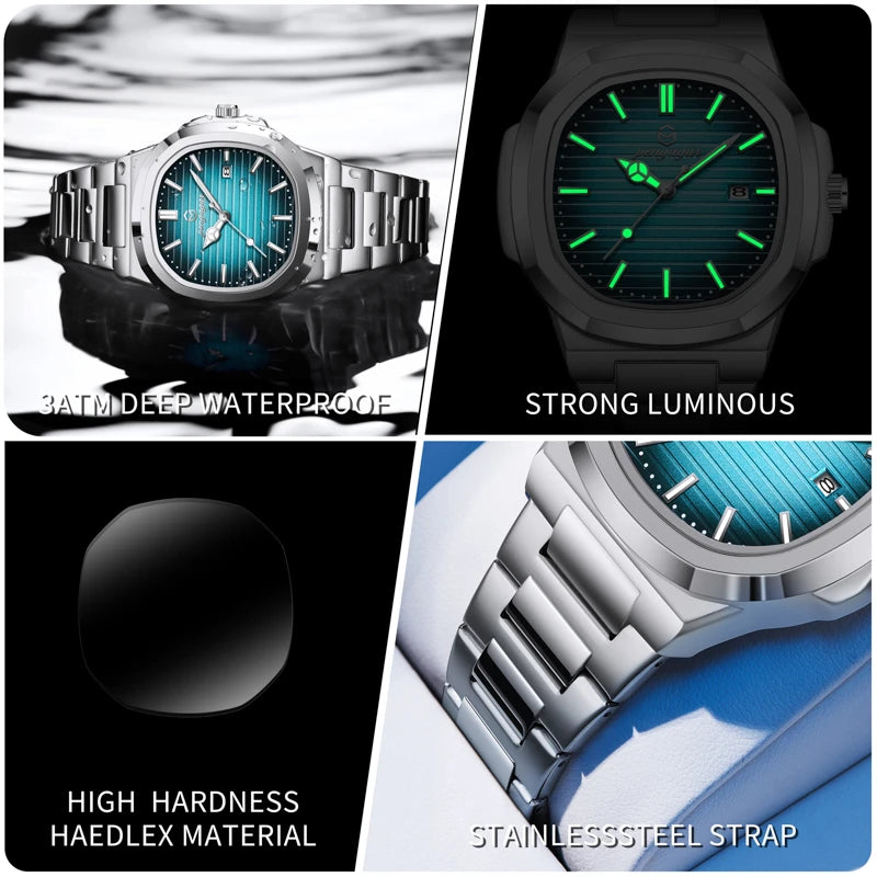 2026 Nuevo reloj de pulsera de lujo militar para hombre, cuadrado, impermeable, luminoso, con fecha y semana, reloj de cuarzo de acero inoxidable para hombre, Reloj+caja