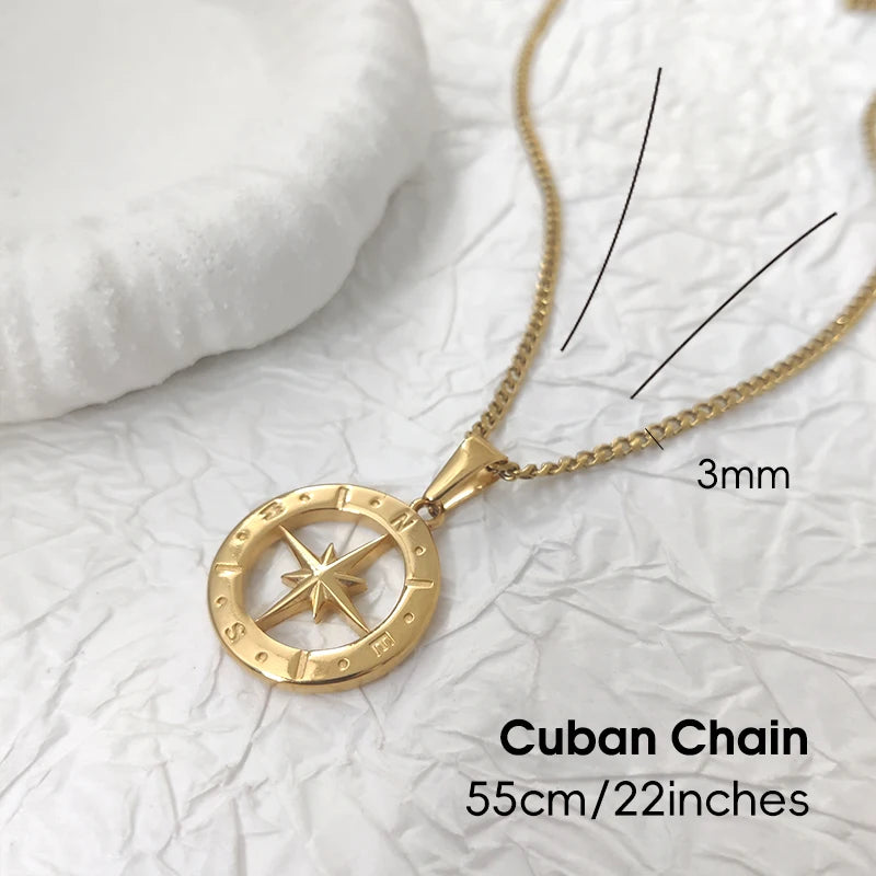 Collar con dije de brújula y estrella del norte de acero inoxidable bañado en oro de 18 quilates, hiphop, impermeable, joyería para hombre, regalo