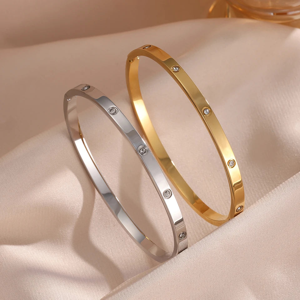 Yupsk 2 Pieces Stainless Steel Zirconia Tennis Bracelet Bangle Set Round Zircon CZ Aesthetic Women Jewelry Set Gift